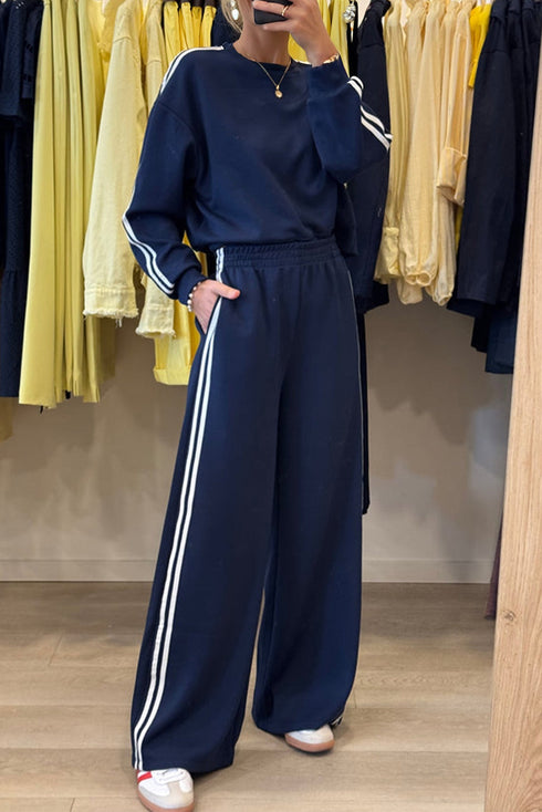 Varsity Stripe Drop Shoulder Crewneck Pullover And Wide Leg Sweatpants Set